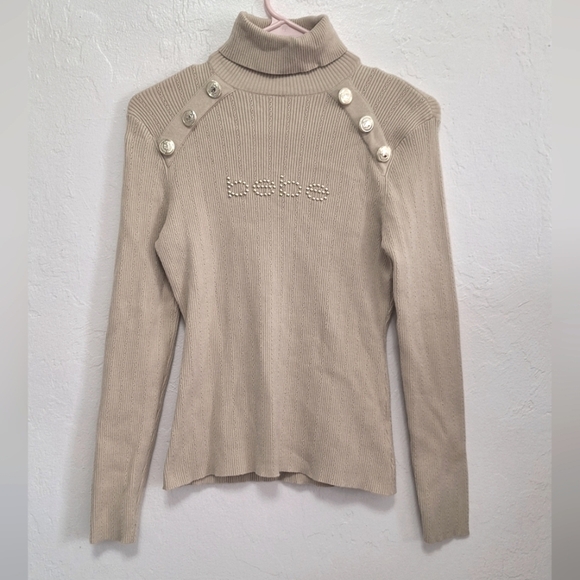 Bebe Beige Mock Neck Rib Knit Long Sleeve Buttons Women's Sweater Size L - Picture 7 of 10